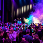 Piste de danse avec DJ et effets de lumière colorés au Nouvel An 2026