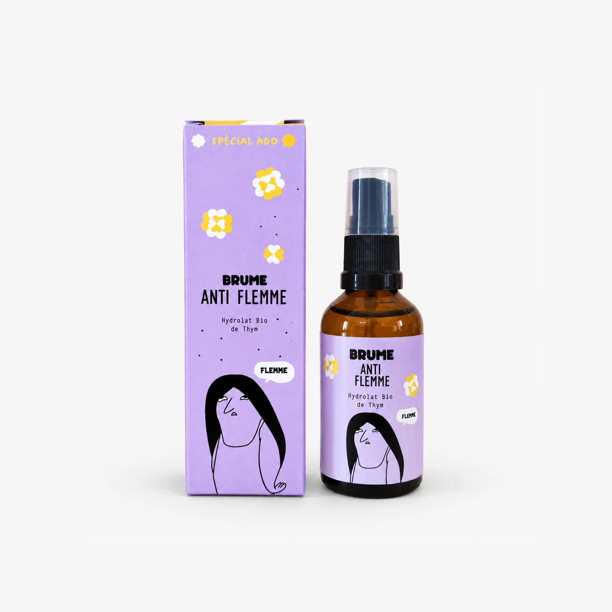 Brume Anti-flemme ● Thym : flacon et étui violet sur fond gris
