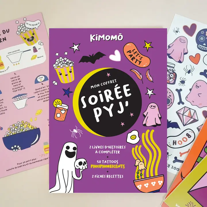 Coffret Soirée Pyjama KIMOMÖ avec ses livrets, ses recettes et ses tatouages
