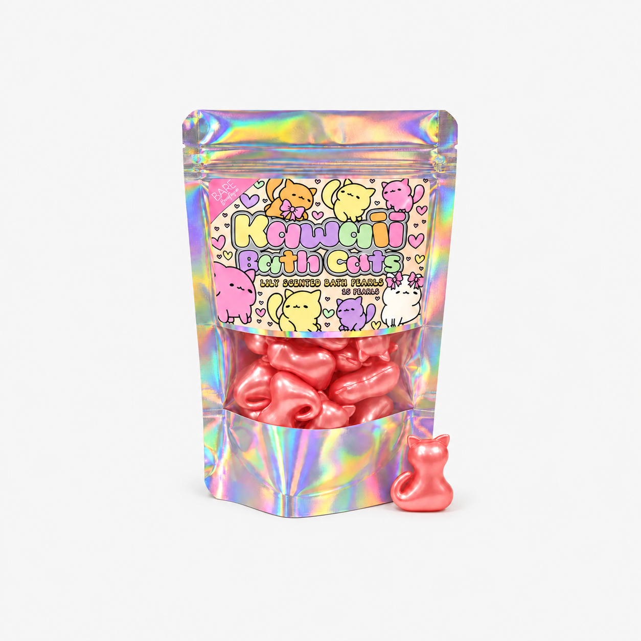 Perles de bain Kawaii Cats • Lys • 15 pièces • Produit entier au centre du cadre gris