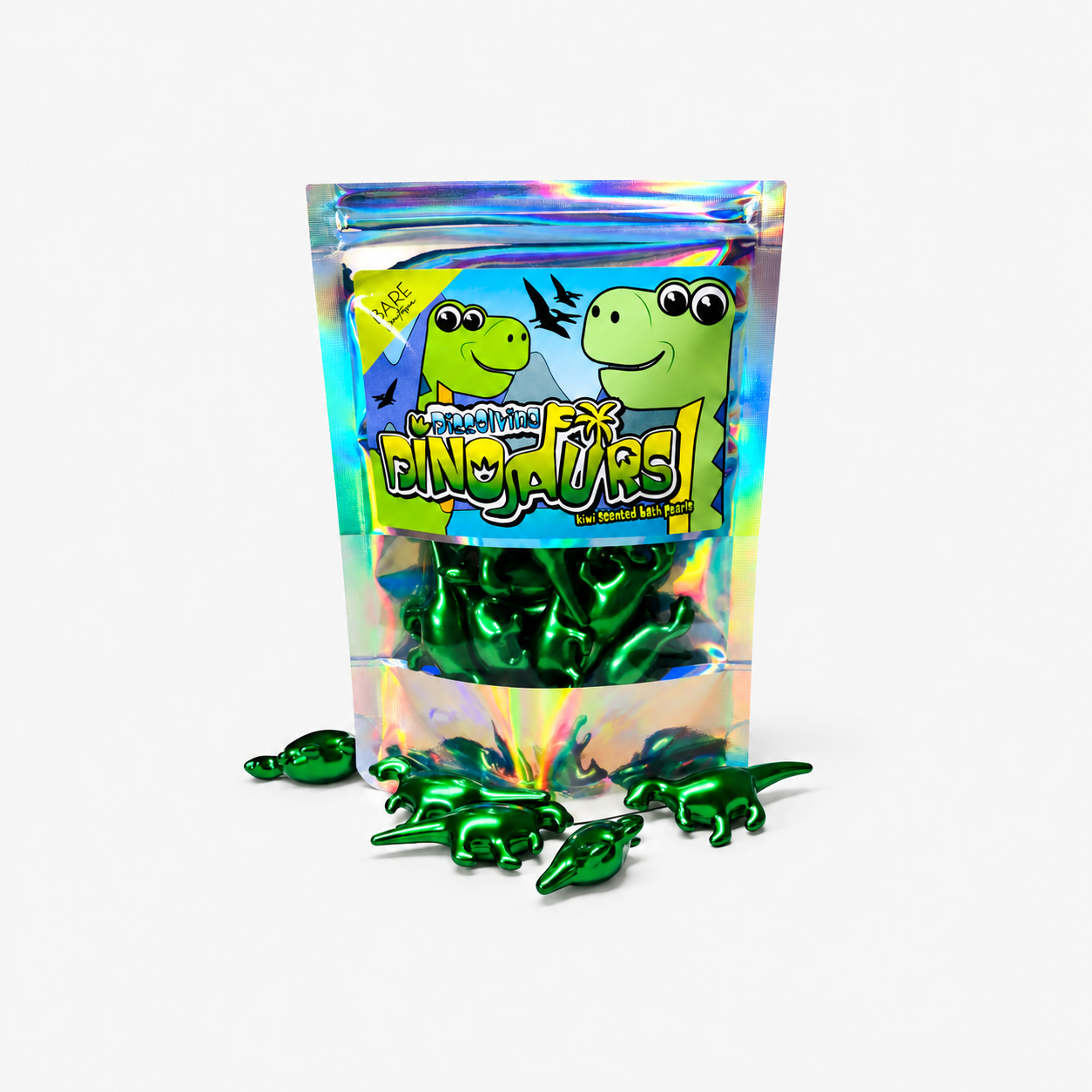 Perles de bain Dinosaures • Kiwi • 15 pièces • Produit entier au centre du cadre gris