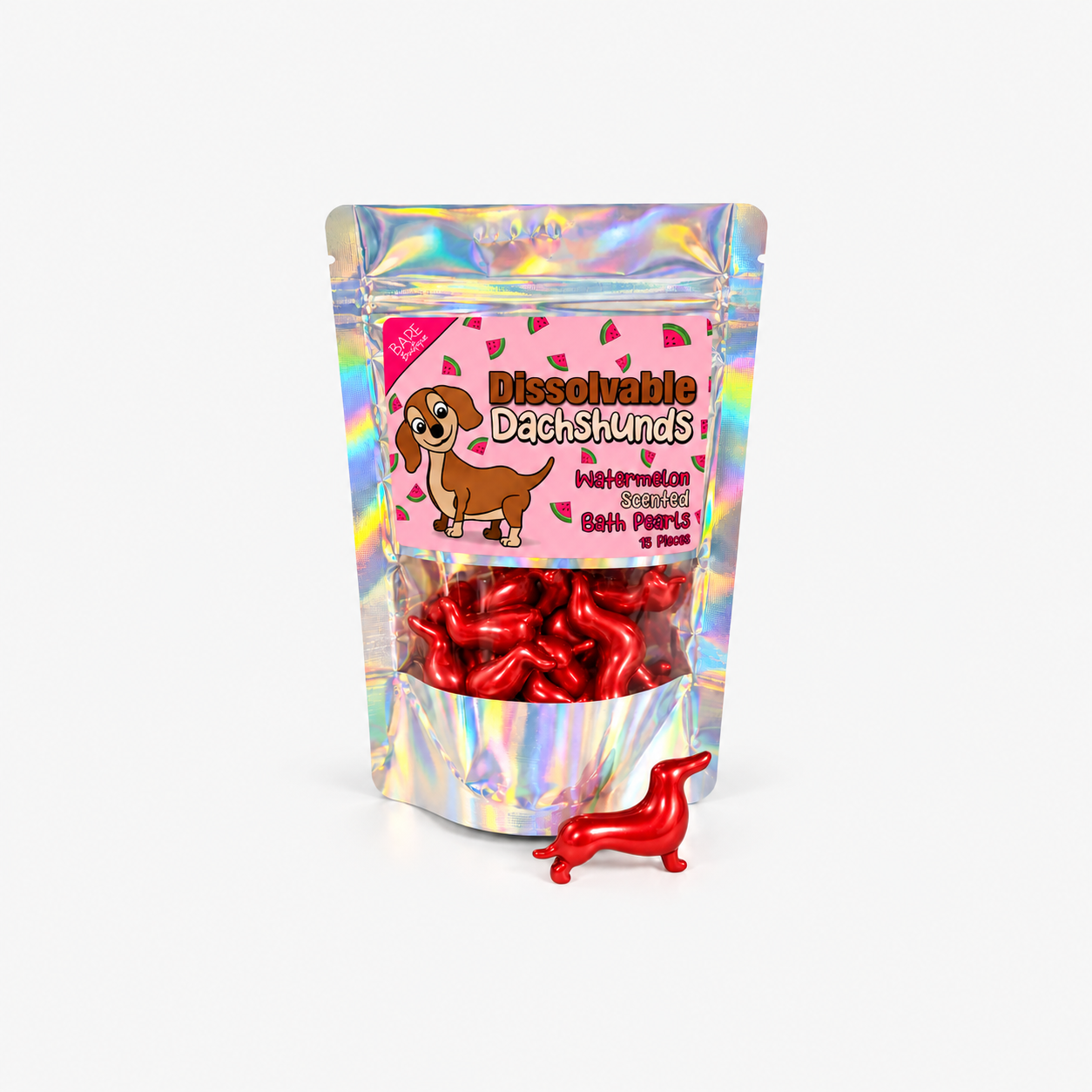 Perles de bain Teckels • Pastèque • 15 pièces • Produit entier au centre du cadre gris